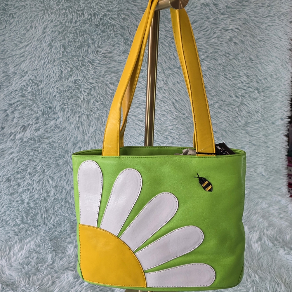 Michael Simon Green Faux Leather Daisy Tote Whimsical Bee Accent Artsy Bag